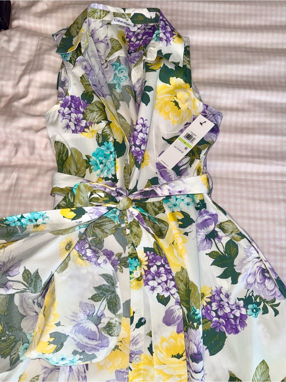 Calvin Klein Yellow & Purple Floral Shirtwaist Dress with Tie Belt - Picture 10 of 11